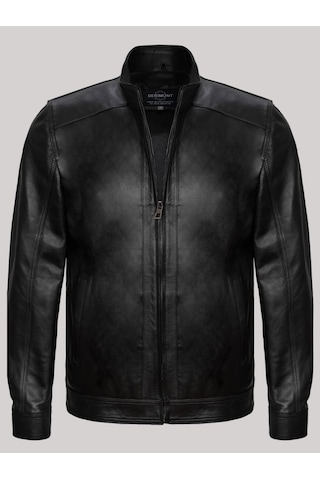 Hakiki Kuzu Derisi Siyah Erkek Deri Mont Dik Yaka Deri Ceket Siyah