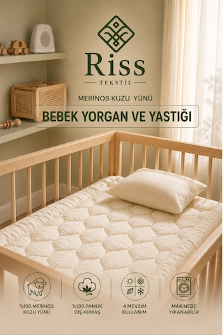 Riss Tekstil %100 Merinos Kuzu Yünü Bebek Yorganı 95x145 Cm Ve Yün Bebek Yastığı 35x45cm