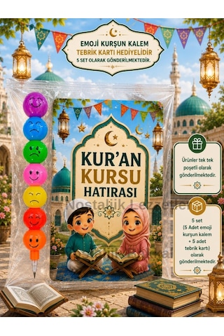 Kur'an Kursu Hatırası 5 Adet Emoji Yumurtlayan Kurşun Kalem Tebrik Kartı Hediye Seti