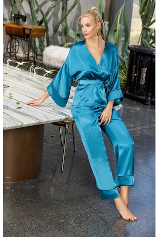 Kadın Turkuaz Saten Kuşaklı Pijama Takımı Kimono Kol Detaylı Şık Ve Rahat 2 Li Set