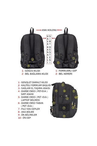 Case Club Dada 09 Büyük Boy Seyahat Günlük Sırt Çantası 60 Litre 17,3 İnç Darbe Emici Koruma Su Geçirmez Kumaş siyah