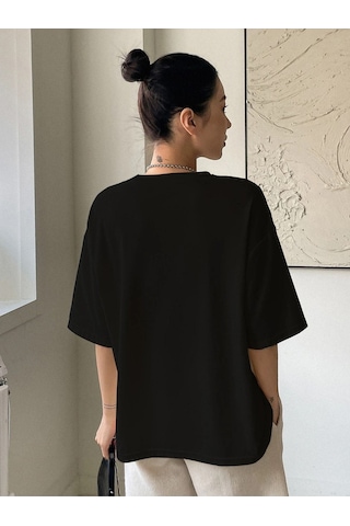 Kadın Siyah Oversize Balance Baskılı Örme T-shirt Siyah-58466