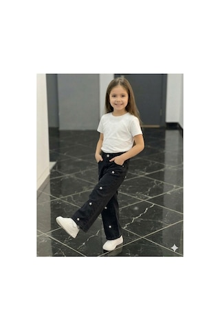 Erdem Kıds Kız Çocuk Jean Pantolon Palazzo Geniş Bol Paça Yıldız Nakışlı Kot Pantolon Siyah Siyah