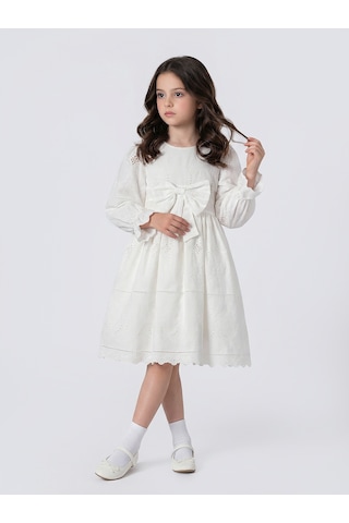 Pina Kids Kız Çocuk Uzun Kollu Önü Kurdelalı Fisto Elbise Beyaz