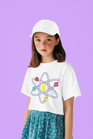 Sevbano Tasarım Pacman Baskılı Unisex Oyun Çocuk Tişört 1-12 Yaş Beyaz