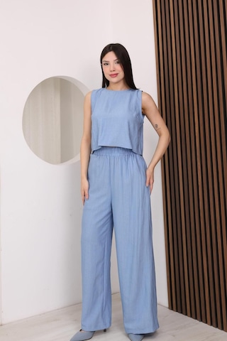 Famoda Mavi Sırtı Çapraz Bağcıklı Crop Bluz & Yüksek Bel Palazzo Pantolon Alt Üst Takım