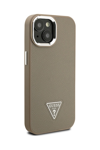 Apple Uyumlu iPhone 14 Kılıf Guess Lisanslı M-safe Şarj Özellikli Grained Triangle Kapak Kahverengi