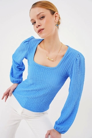 Defymoda 0442 Uzun Kollu Bluz - Saks Saks