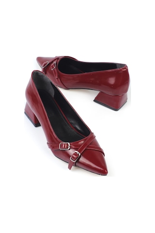 Shoetek Laura Kadın Stiletto Kalın Topuklu Çapraz Bantlı Tokalı Ayakkabı Bordo Rugan Bordo