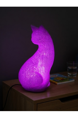 Dekoratif Kedi Figürlü Gece Lambası 3d Yazıcı Baskı Hediyelik Masa Lambası Aydınlatma 23cm Mor