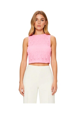 Frm Kadın Vücuda Oturan Bisiklet Yaka Kolsuz Örme Dokulu Crop Üst Kal Pembe