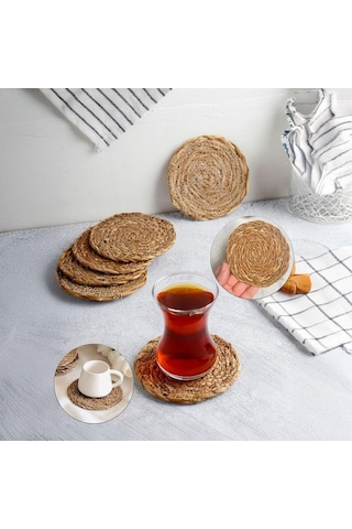 Deconox 6 Adet El Yapımı Yuvarlak Hasır Bardak Altlığı - Fincan, Çay Ve Kupa Altlığı - 10cm Sku: Smg8690010165510 Acı Kahverengi