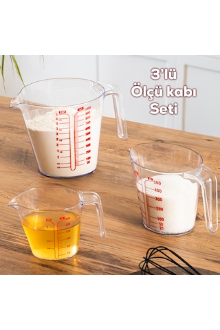 Porsima 3lü Şeffaf Plastik Ölçek Kabı - Beher Mutfak Ölçü Kabı 250ml-500ml-1000ml