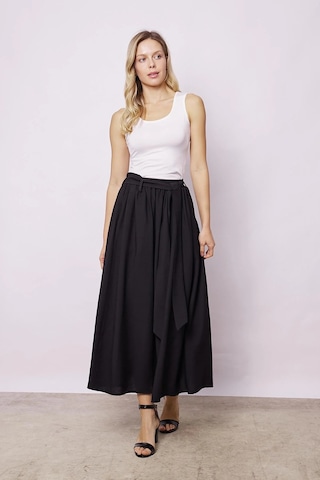 Kadın Belden Bağlamalı Keten Görünümlü Likrasız Kumaş Midi Boy Bilek Üstü Kiloş Etek-siyah Siyah