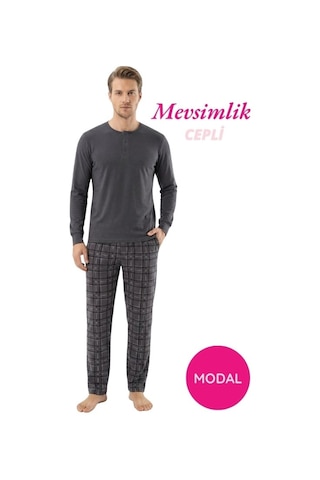 Guava Modal 3 Düğmeli Ekose Desenli Erkek Pamuk Likra Mevsimlik Manşetli Uzun Kollu Cepli Pijama Takımı Antrasit