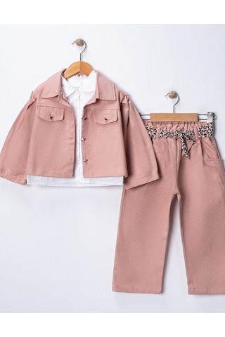 Harika Kids Kız Çocuk Gabardin Ceketli Takım Düğmeli Dokuma Gömlekli, Beli Lastikli Kemerli Pantolon 2-5 Yaş Pudra