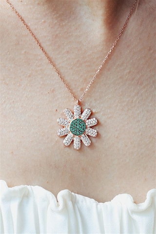 Yeşil ve Beyaz Zirkon Taşlı Papatya Kadın 925 Ayar Gümüş Kolye-1855