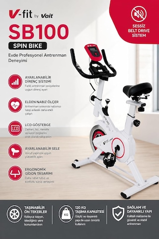 Vfit Sb100 Pro Beyaz Spin Bike Elden Nabız Ölçer Direnci Ayarlanabilir Sessiz Çalışır, Beyaz