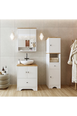Lavabolu Mat Beyaz Mdf 60 Cm Çekmeceli Banyo Dolabı + Aynalı Dlp Atlantik Çam - Beyaz