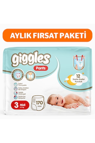 Giggles Pants Külotlu Bebek Bezi 3 Numara Midi 170 Adet