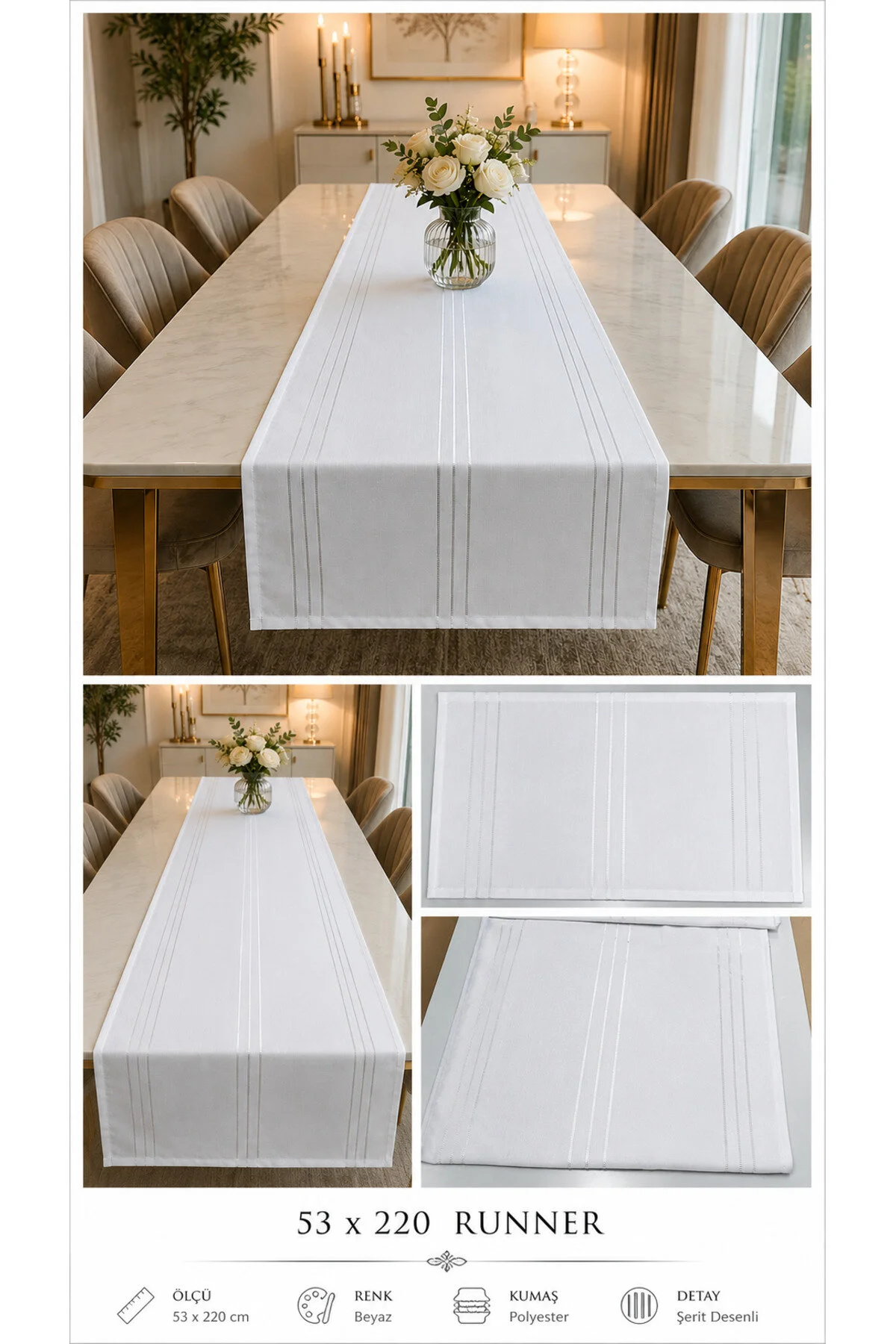%100 Polyester Dertsiz Leke Tutmaz Şerit Desenli Runner Masa Örtüsü 53x200 Cm Beyaz