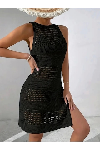 Femina Trendy Kadın Askılı Derin Sırt Dekolteli Ajurlu Triko Pareo Siyah
