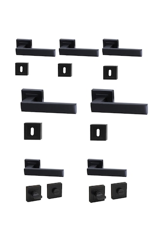Kare Rozetli Kapı Kolu 7'li Set 3+1 Daire İçin Geçerli Siyah