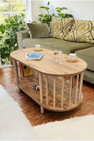 Orta Sehpa Ahşap Ayaklı Sehpa İki Raflı Sehpa Dekoratif Sehpa Gazetelikli Çam