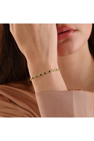 Queen Silver Jewelry 925 Ayar Gümüş Yeşil Renk Geçişli Zirkon Taşlı Tamtur Bileklik Altın