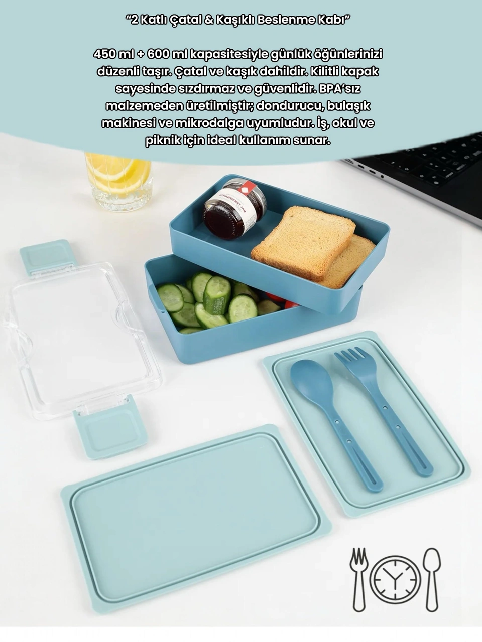 Dikdörtgen İki Katlı Lunch Box Mavi Renk Beslenme Kutusu Saklama Kutusu Mavi