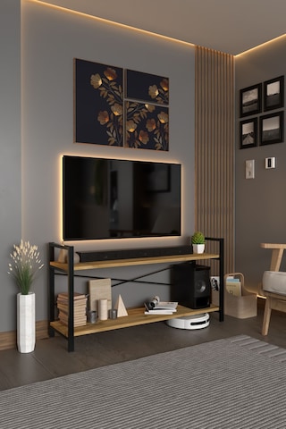 Exen Tv Ünitesi Dekoratif 2 Raflı Metal Ayaklı Tv Sehpası Atlantik Çam