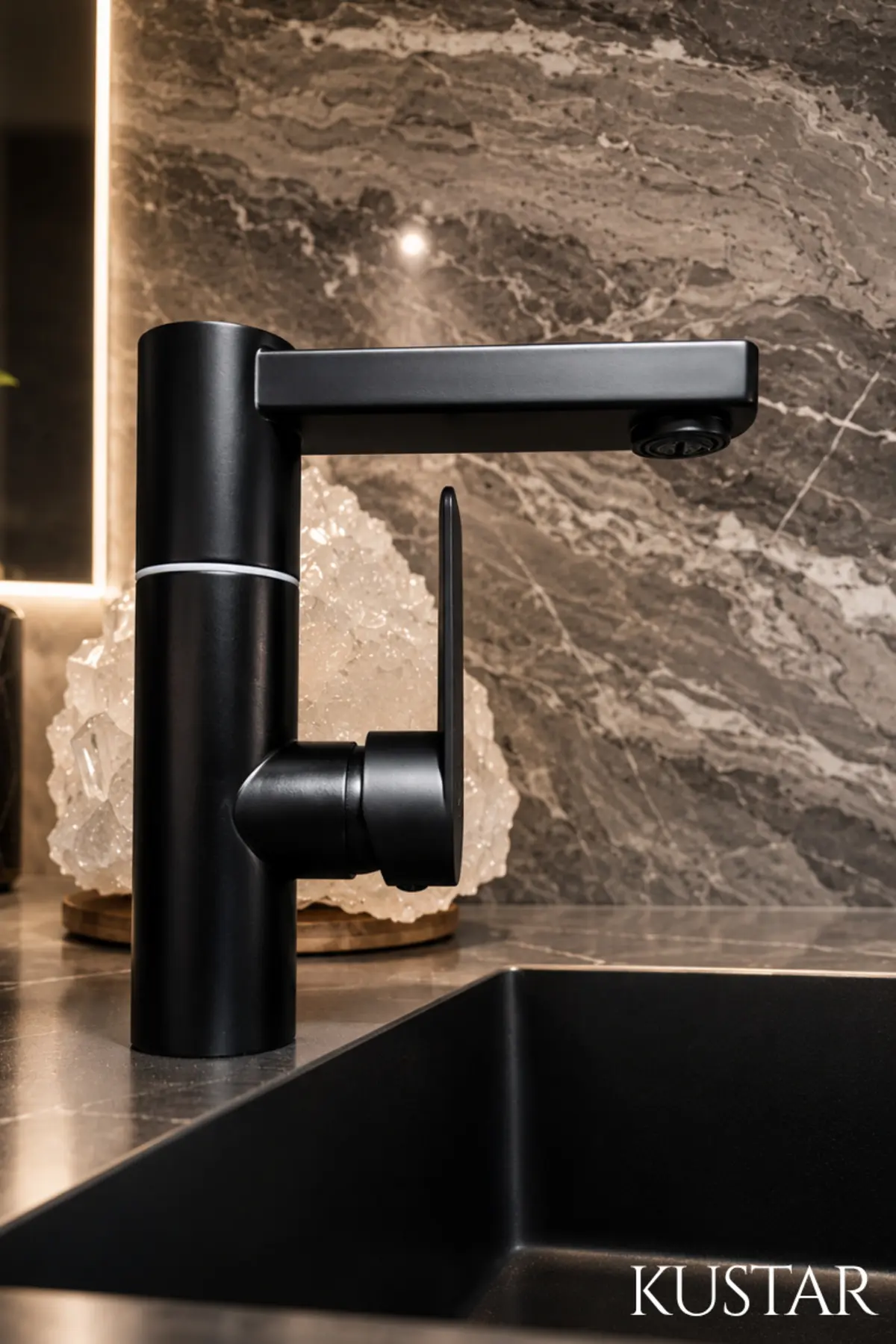 Modern Tek Kollu Siyah Lavabo Bataryası Banyo Musluğu Aç-kapa Döner Boru Sıcak Soğuk