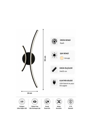 Yumi Modern Led Duvar Apliği Günışığı Siyah
