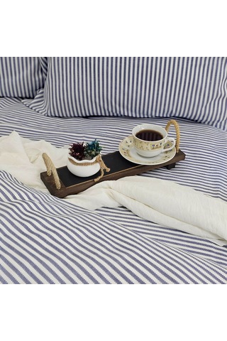 Çift Kişilik %100 Pamuk İnce Çizgili Nevresim Takımı | Lacivert & Beyaz | 4 Parça | Yumuşak Dokulu Lacivert - Beyaz