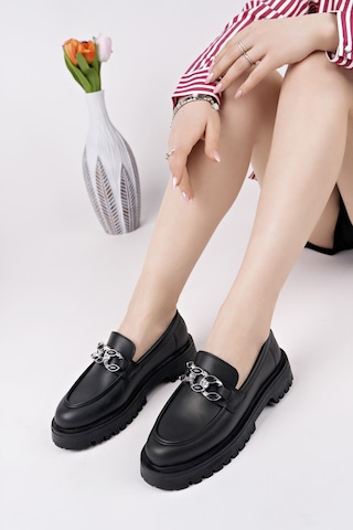 Muggo Crasher Kalın Taban Tokalı Günlük Casual Makosen Kadın Loafer Ayakkabı Siyah
