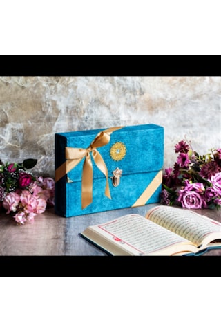 Hatim Çantalı Kadife Kuranı Kerim 29X19 Cm Sesli Dinleme Mavi