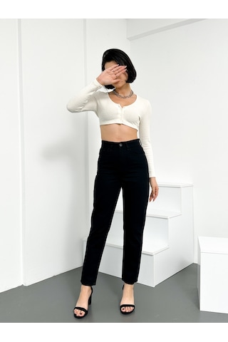 HLT Jeans Siyah Kadın Mom Jean Yüksek Bel Likralı Esnek Kot Pantolon Anna-2071