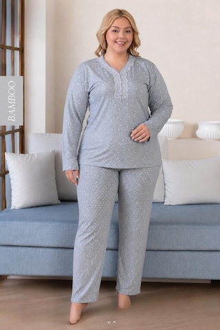 Derya Kadın Büyük Beden Dantel Yaka Bambu Uzun Kol İnce Pijama Takımı 8116g - 1 Adet Gri