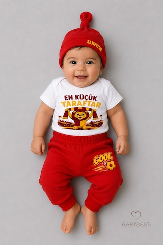 Babyden's %100 Pamuk Sarı Kırmızı En Küçük Taraftar Bebek Takımı 3'lü Kısa Kol Body,pantolon Ve Şapkalı Yenidoğan Seti 0-9 Ay Beyaz - Kırmızı
