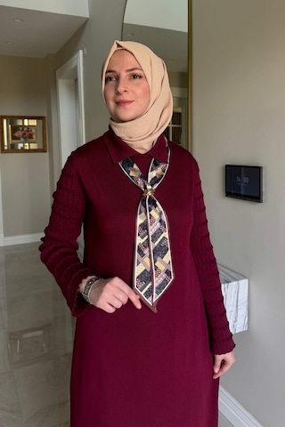 Rabia Şamlı Şölen Fularlı Triko Elbise Bordo Normal