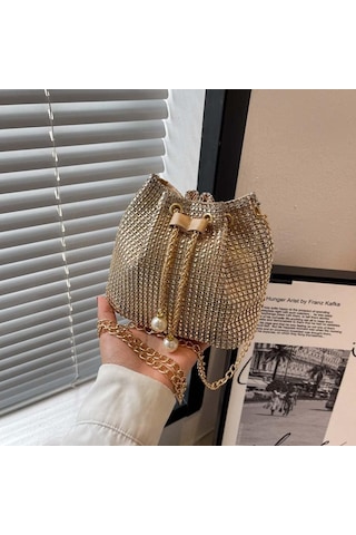 Rhinestone Kadın Omuz Çantası Yaz Zinciri Çapraz Çanta Kova Çantalar Çanta Altın