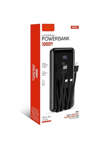 10.000 Mah Çoklu Kablolu Dijital Gösterge Powerbank Şarj Aleti 1x Usb Çıkışlı Powebank Siyah
