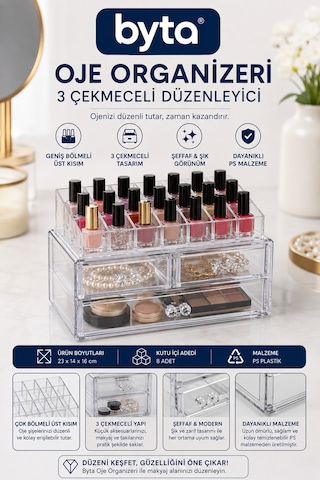 Büyük Boy Şeffaf 3 Çekmeceli Oje Organizeri Xl Çok Bölmeli Oje, Kozmetik Ve Takı Düzenleyici Şeffaf