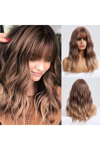 Sarı Kahverengi Degrade Uzun Saç Kıvırcık Doğal Sentetik Peruk