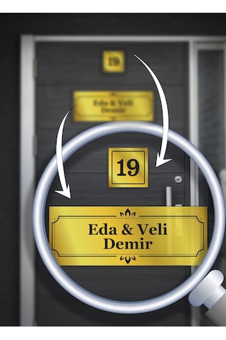 Alüminyum Kapı İsimliği Kişiye Özel 15x5 Cm İsim + 5x5 Cm Numara Zarif Desenli Sarı
