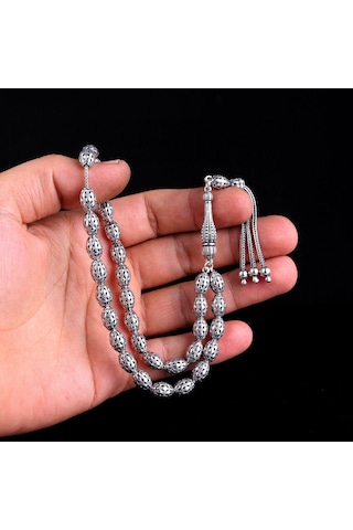Tesbihsepetim Tamamı 925 Ayar Gümüş Arpa Kesim Fizyon Model Tesbih Gri