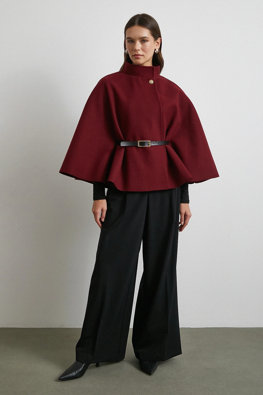 Kemerli Kaşe Panço Bordo Bordo