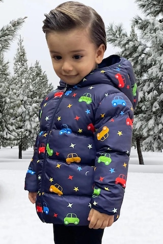 Freemen Erkek Çocuk Polarlı Kapüşonlu Araba Yıldız Ay Desenli Kışlık Şişme Mont & Kaban & Parka Lacivert