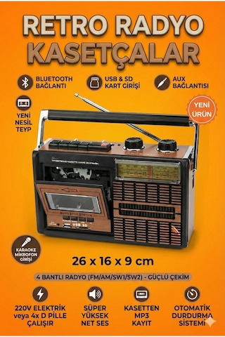 Faroxtech Retro Kasetçalar Radyo Bluetooth, Usb/sd Kart, Aux, 4 Bantlı Fm/am/sw Radyo, Mikrofon Girişli Taşınabilir Nostaljik Müzik Çalar Faroxtech Retro Kasetçalar Radyo Bluetooth, Usb/sd Kart, Aux, 4 Bantlı Fm/am/sw Radyo, Mikrofon Girişli Taşınabilir Nostaljik Müzik Çalar