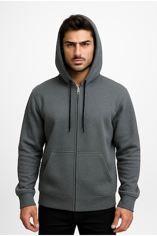 Axxel Erkek Gri Fermuarlı Kapüşonlu Sweatshirt-w590 Gri 3 İplik Şardonlu
